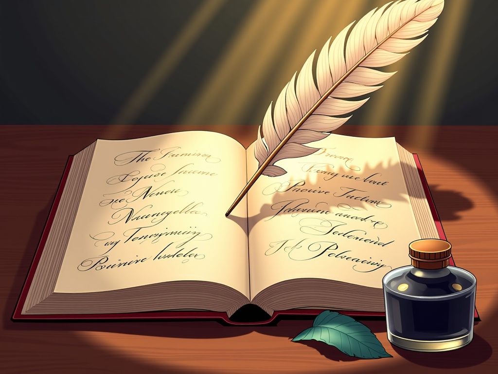 A detailed quill rests across an open book, its tip hovering near an inkwell. Rays of soft light illuminate the scene, highlighting swirling, calligraphic text visible on the book's pages.