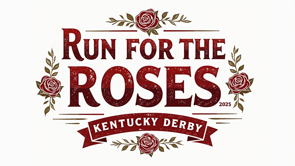 Distressed/Rustic Typography: 'Run for the Roses' and 'Kentucky Derby 2025' styled with a textured, slightly distressed typeface to give a rustic, heritage feel. The numbers '2025' could be bold and central. Accompanying graphics could be minimalist line art of roses or horseshoe elements integrated with the type.