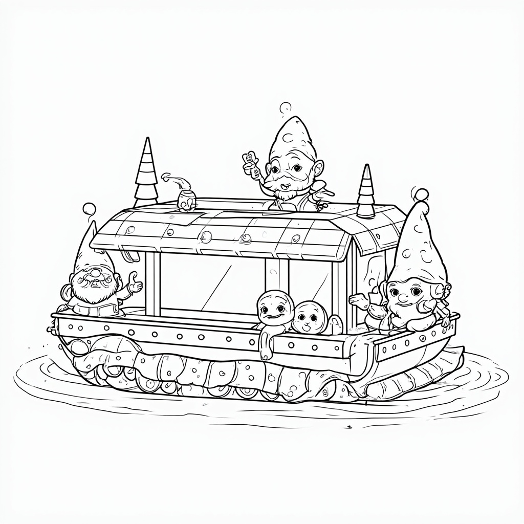 Show a float from a 'blueprint' or 'cutaway' perspective with dotted structural lines and tiny, whimsical characters (e.g., garden gnomes, friendly robots) who appear to be 'building' or intricately decorating the float, adding a narrative element for coloring.