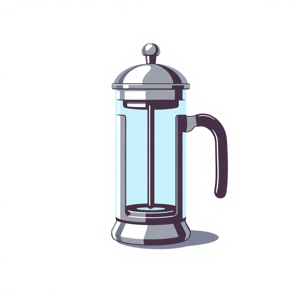 The image is an illustration of a French press coffee maker. It is a glass jar with a silver lid and a black handle. The jar is transparent and has a handle on the right side for easy pouring. The lid has a small knob on top for adjusting the temperature. The body of the jar is made of stainless steel and appears to be made of glass. The background is white, making the jar stand out.