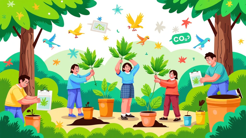 Human & Nature Collaboration for Carbon Capture: Illustrate people actively participating in reforestation (planting, nurturing trees) alongside imagery of healthy ecosystems thriving, with subtle visual indicators of CO2 being drawn down from the atmosphere and integrated into the landscape.