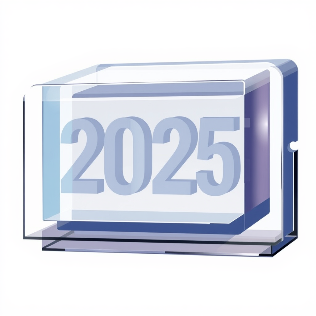 Sub-Design Idea 4 (Transparent & Layered Blocks): Utilize transparency and layering of abstract block shapes to create a sense of depth and complexity, representing the multifaceted nature of technology. The '2025' could appear as if seen through these layers or etched onto a primary block.