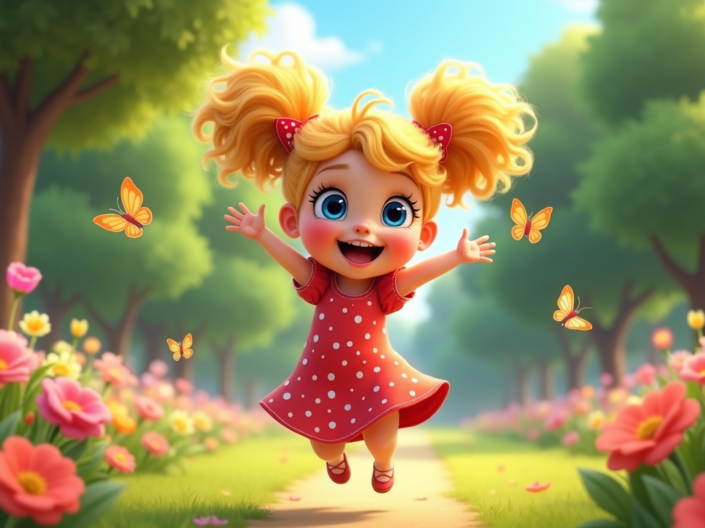 The image is a digital illustration of a cute little girl with blonde hair and blue eyes. She is wearing a red dress with white polka dots and has two red bows on her head. The girl is standing on a path in a garden with pink and yellow flowers on either side. She has a big smile on her face and her arms are stretched out to the sides, as if she is dancing or jumping. There are several orange butterflies fluttering around her. The background is a green park with trees and a blue sky. The overall mood of the image is cheerful and playful.