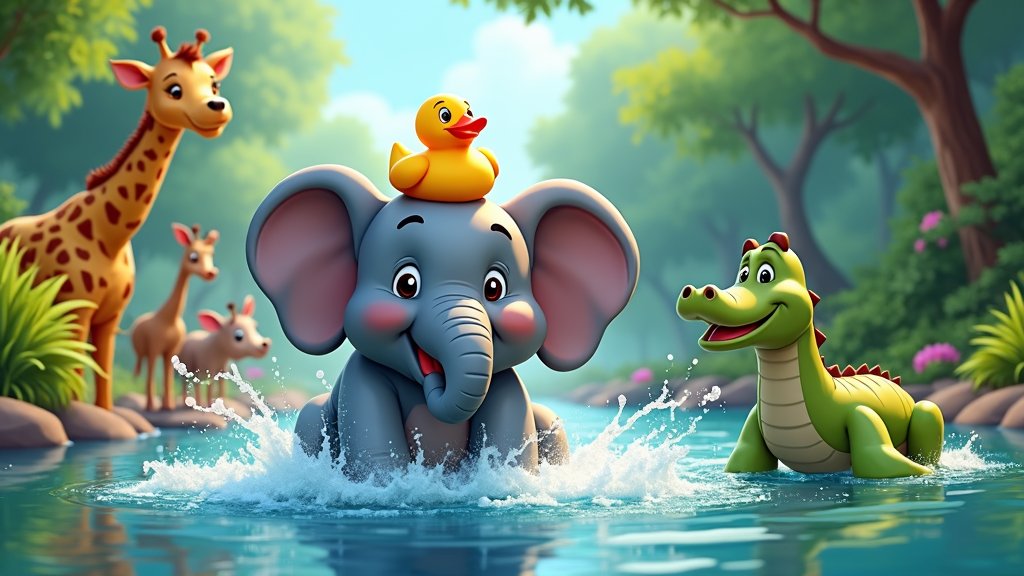 A cartoon of an elephant taking a bath in a river, with other animals watching nearby.