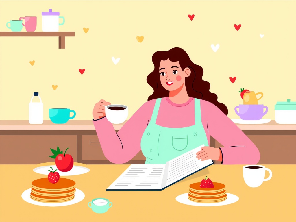  a young woman sitting at a kitchen table with a stack of pancakes in front of her. She is wearing a pink apron and has long brown hair. The woman is holding a cup of coffee in one hand and a book in the other hand. On the table, there are two plates with pancakes, a strawberry, and a cup with a saucer. In the background, there is a kitchen counter with various kitchen items and a shelf with cups and saucers. The walls are decorated with hearts. The overall style of the image is cartoon-like and colorful.