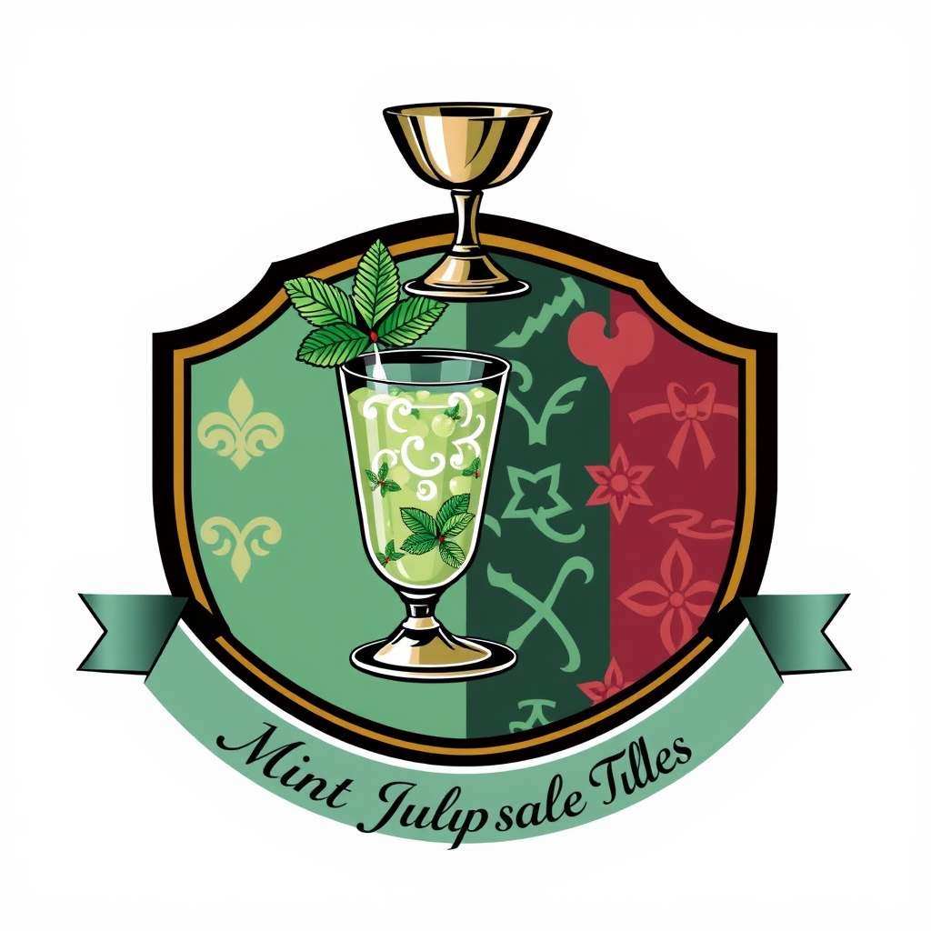 Sub-Design 2: Mint Julep & Jockey Silks Crest - A sophisticated crest featuring a polished mint julep cup alongside a panel showcasing classic jockey silk patterns. Accents of warm metallics and a refined script font would emphasize Southern charm.