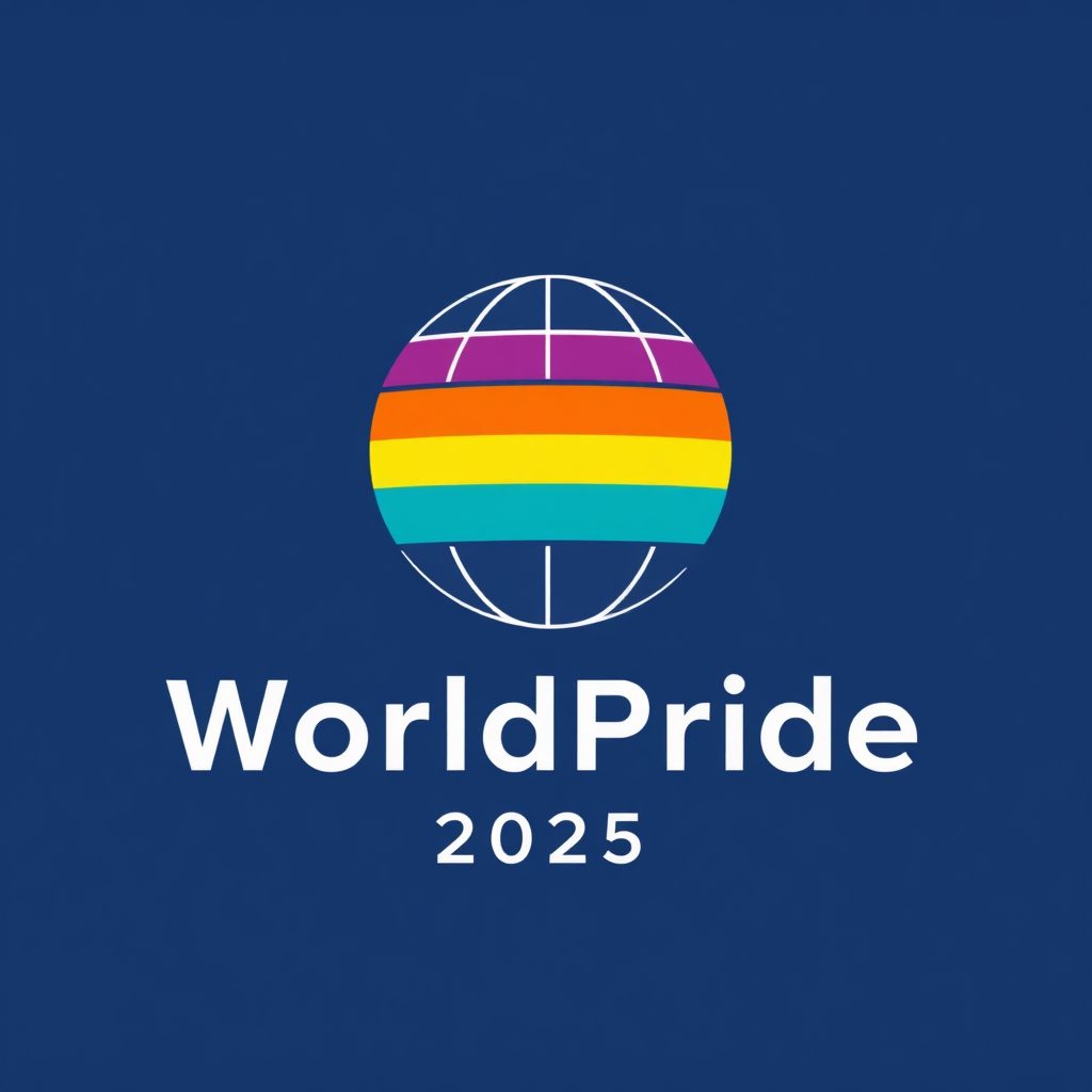 Simple Logo Idea: A minimalist globe icon with horizontal rainbow stripes. Below it, 'WorldPride' in a modern sans-serif font, with '2025' highlighted or slightly larger underneath.