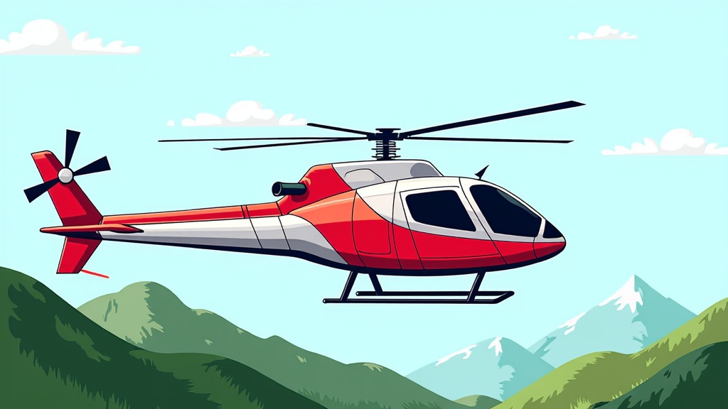 The image is an illustration of a red and white helicopter flying over a mountainous landscape. The helicopter is in the center of the image, with the mountains in the background. The sky is blue with white clouds scattered across it. The mountains are covered in green trees and have snow-capped peaks. The colors of the helicopter are predominantly red, white, and black, with some hints of blue and green. The image has a cartoon-like quality to it, with a playful and whimsical feel.