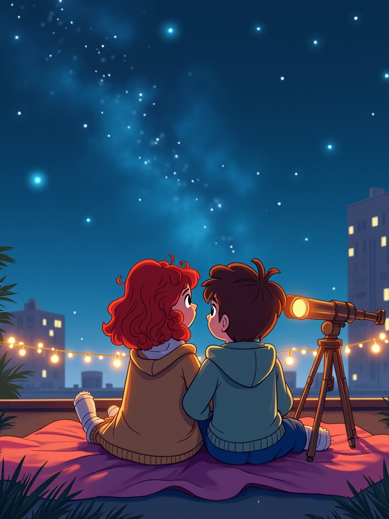 A cartoon couple enjoying a rooftop stargazing date, snuggled in blankets with a telescope aimed at the glowing night sky.