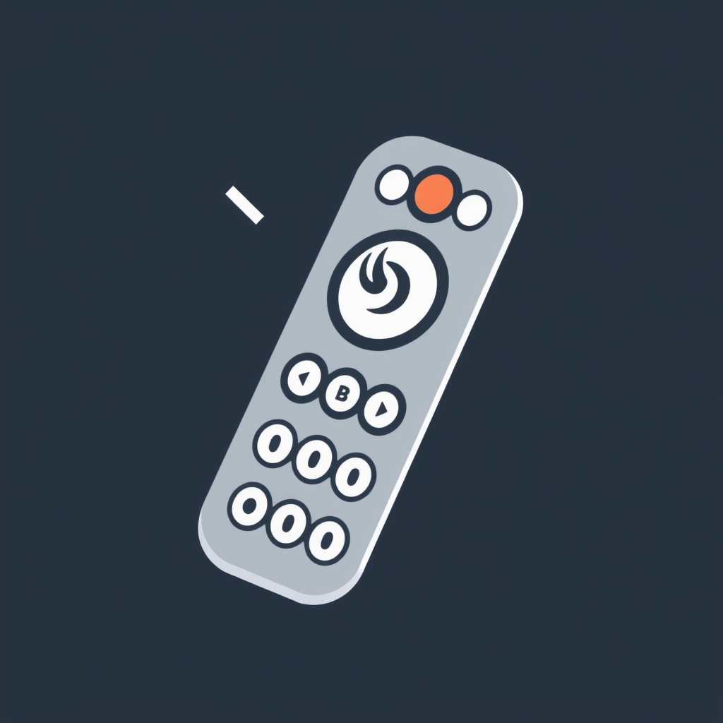 A stylized remote control icon that can be used in a smart home control hub. It should be simple and easily recognizable, possibly incorporating common remote control symbols like a power button, volume up/down, and channel up/down icons.