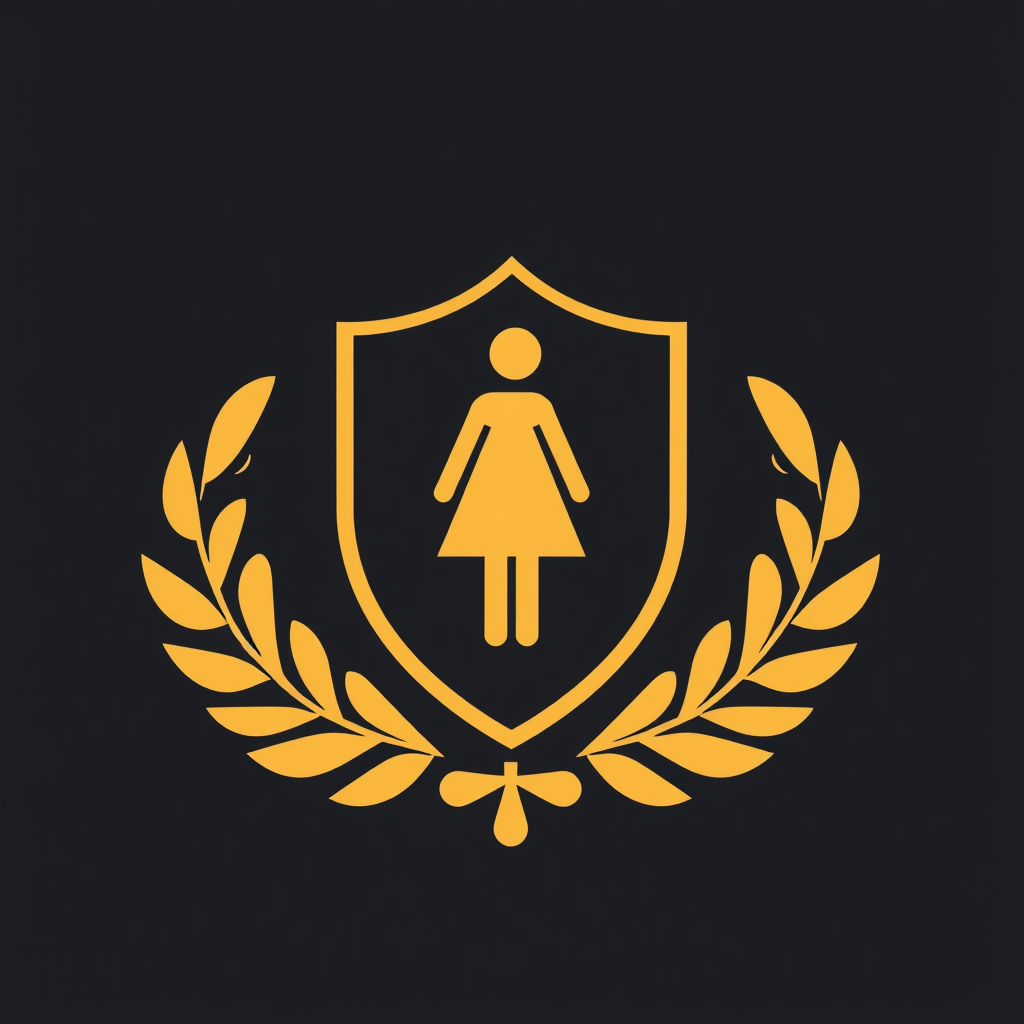 A shield icon incorporates the female symbol and elements representing women.