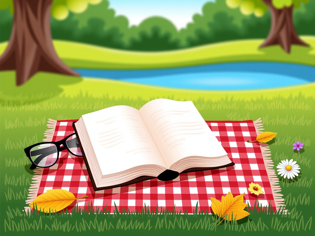 A close-up illustration focusing on an open book of poetry resting on a checkered picnic blanket in lush green grass. Perhaps a pair of reading glasses, a fallen leaf, or a wildflower lies nearby. The background shows a softly blurred park scene with trees and maybe a pond.