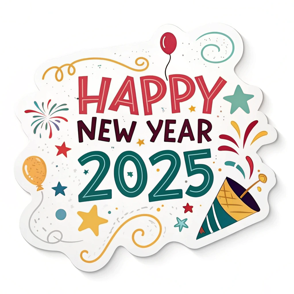 The image shows a white background with a sticker that reads Happy New Year 2025 surrounded by colorful balloons, stars, and fireworks, creating a festive atmosphere to celebrate the start of a new year.