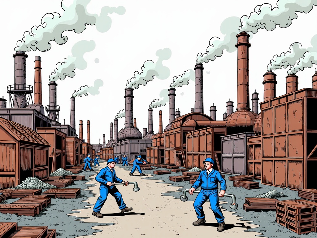 The image is an illustration of a factory with multiple chimneys emitting smoke into the sky. The factory is made up of large, rectangular structures with multiple levels and chimneys. The chimneys are tall and cylindrical, and the smoke is billowing out of them. In the center of the image, there are several workers wearing blue uniforms and hard hats, walking through the factory. On either side of the workers, there is a large pile of wooden crates and pallets. The ground is covered in dirt and debris, and there are a few buildings in the background. The overall color scheme of the illustration is blue and brown, giving it a cartoon-like appearance.