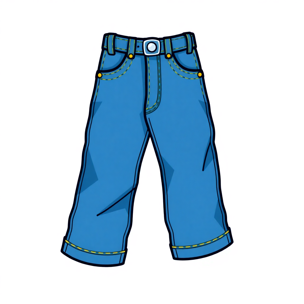 The image is a cartoon illustration of a pair of blue jeans. The jeans are a light blue color and have a straight leg fit. They have a button and zipper closure at the waist and two pockets on the front. The waistband is adjustable with a silver buckle. The legs of the jeans are slightly tapered and have yellow stitching along the edges. The background is white.