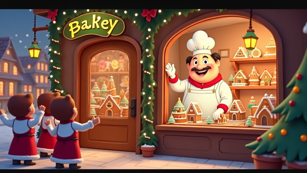 A bustling cartoon bakery showcasing window displays filled with elaborately decorated gingerbread houses and festive cookies. The animated baker and their young apprentices wave at visitors, enjoying the sweet aroma of holiday treats wafting through the air.