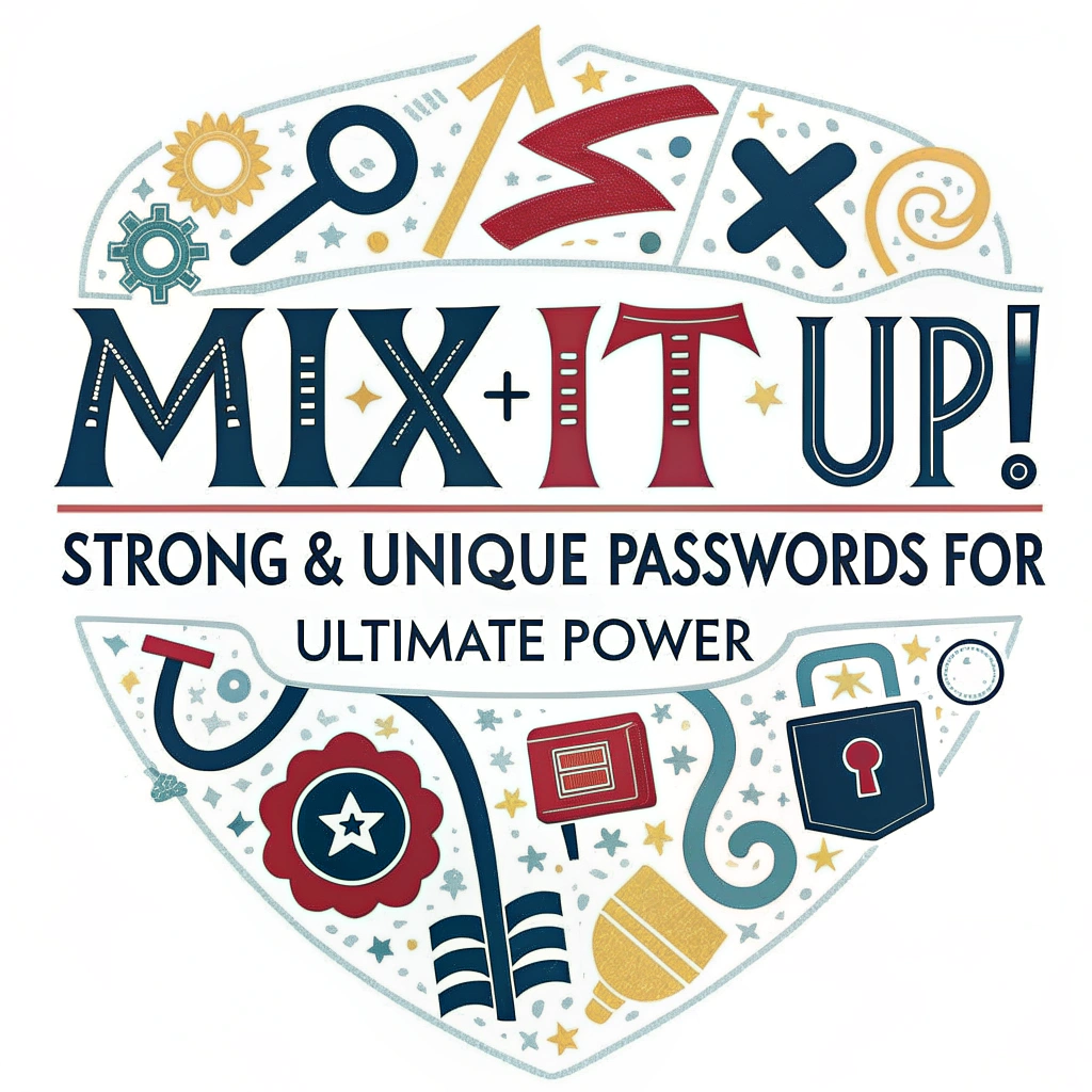 An abstract sticker design using a dynamic mix of uppercase letters, lowercase letters, numbers, and symbols creatively arranged to form a strong, protective pattern or shape. Text: 'Mix it Up! Strong & Unique Passwords for Ultimate Power'.
