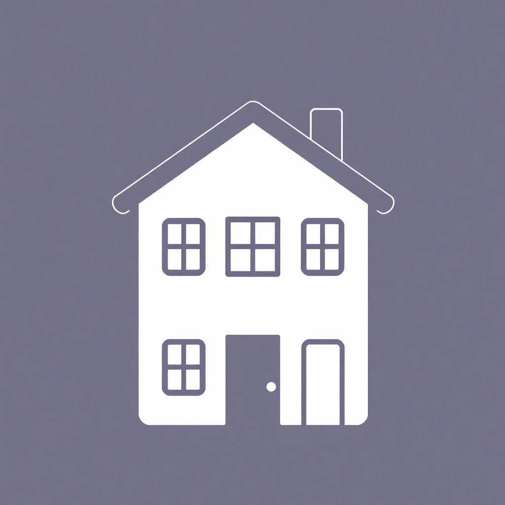 The image is a simple illustration of a house. It is a white line drawing of a two-story house with a sloping roof and a chimney on the right side. The house has four windows on the front and two doors on the bottom. The background is a solid purple color. The overall design is simple and minimalistic.