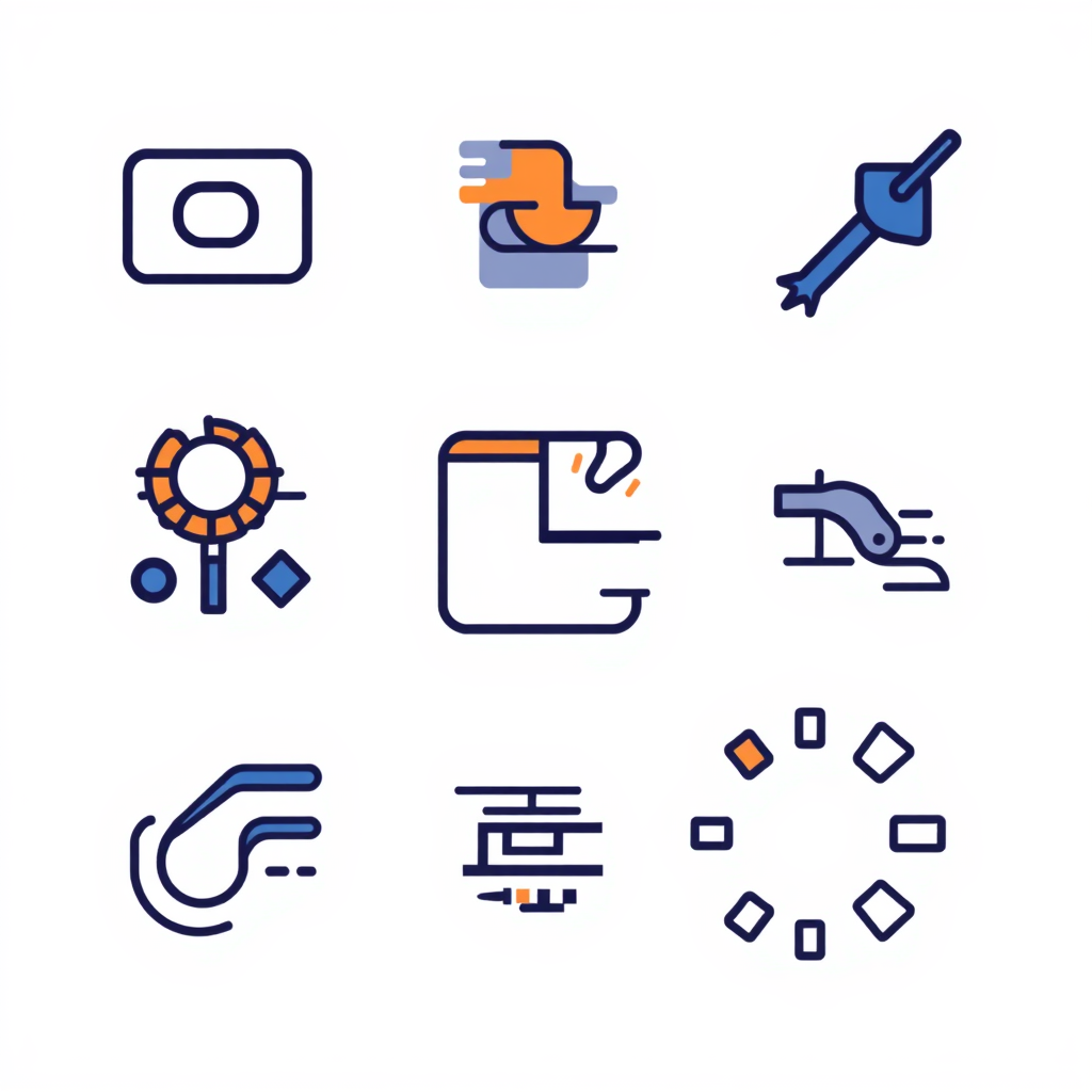 Sub-Design Idea 1 (Kinetic Glyphs): Icons feature implied motion through leading lines or abstract blurs to suggest processes like compiling or syncing, using clean visuals based on the I/O 2025 theme.