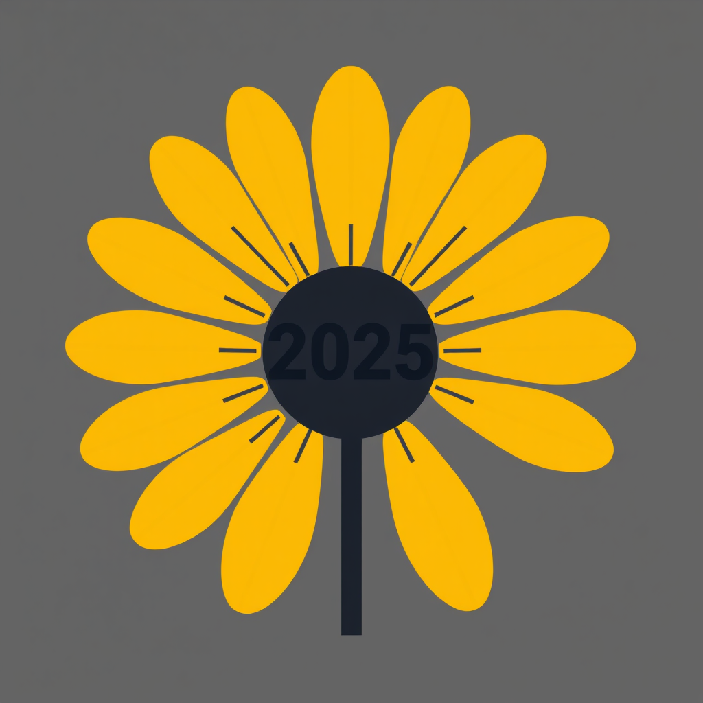 Simple Logo Idea: A stylized daisy icon where petals are sleek, curved lines resembling futuristic pathways or simplified circuit traces. The year '2025' is cleanly integrated into the stem or the center of the daisy, possibly using negative space or a clean, modern font.