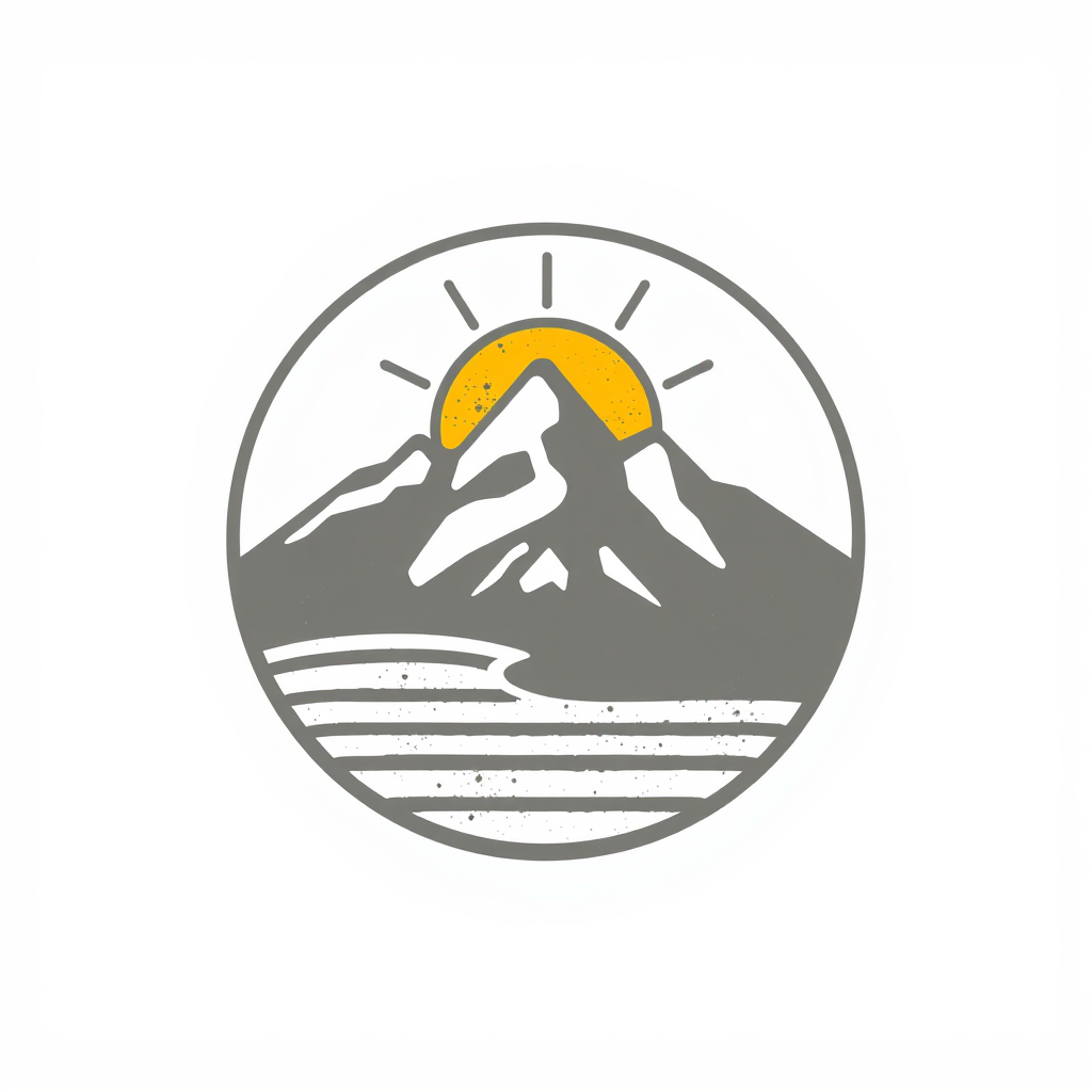 A badge-style icon with the mountain and sun enclosed in a circle or shield, incorporating a subtle texture or gradient to add interest.