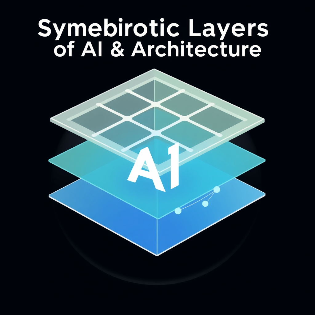 Symbiotic Layers of AI & Architecture: A multi-layered logo visualizing a foundational architectural framework (grids, outlines) interacting with a translucent overlay of AI elements (data flows, node maps), showing mutual influence.