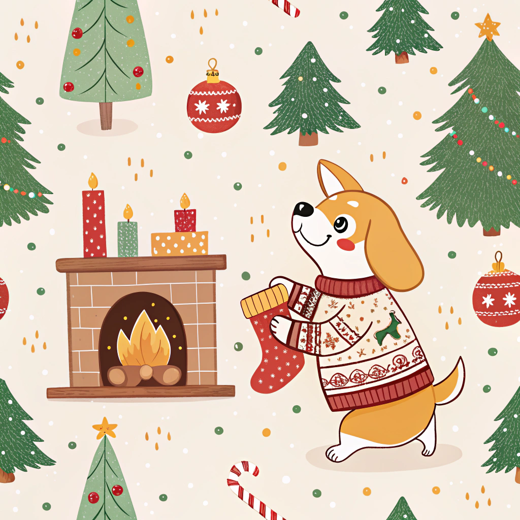 A pet dog wearing a cozy, patterned Christmas sweater adorned with reindeer and Christmas trees, playfully holding a stocking by the fireplace.