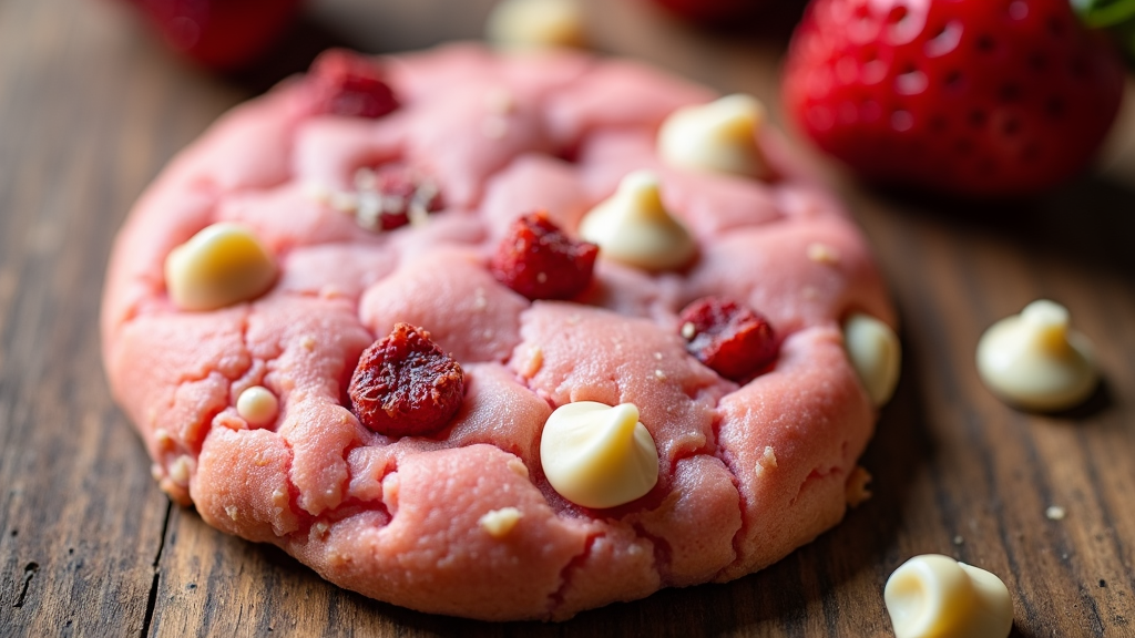 A round cookie with a shortcake texture, pink in color, with white chocolate chips and freeze-dried strawberry bits.