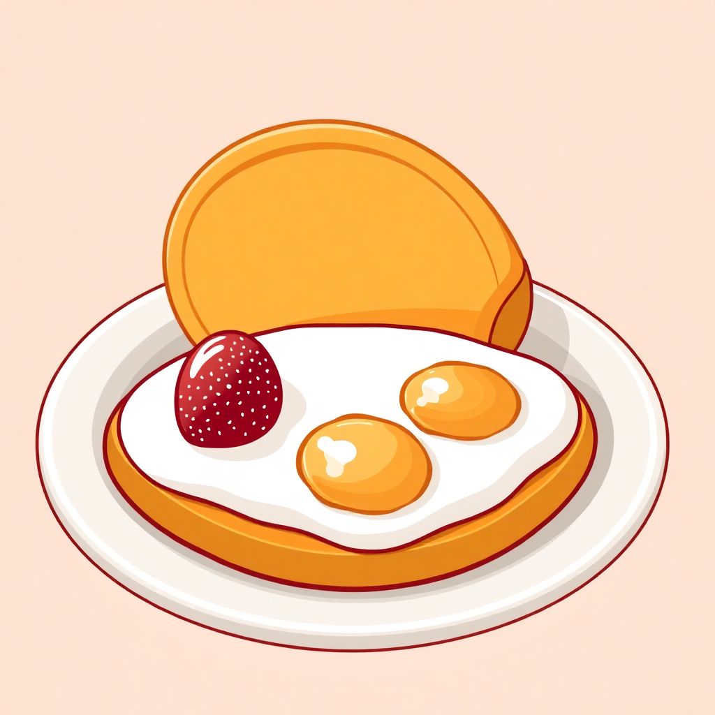 The image is an illustration of a breakfast meal. It shows a plate with a stack of pancakes on it. The pancakes are golden brown and appear to be freshly cooked. On top of the pancakes, there is a fried egg with two yolks and a small strawberry on top. The plate is white and round. The background is light pink. The overall color scheme of the image is warm and inviting.