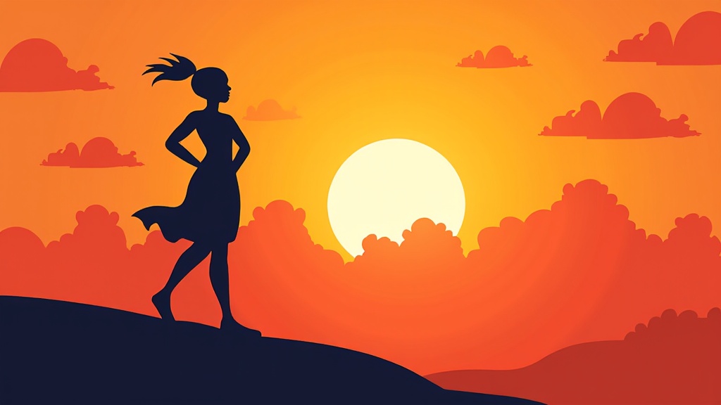 A single, strong woman silhouetted against a rising sun, representing empowerment and new beginnings. The sun could be partially obscured by clouds that are breaking apart, symbolizing overcoming challenges.