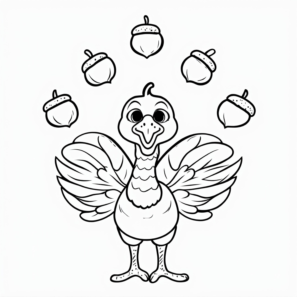 Drawing of a cartoon turkey juggling acorns, its eyes wide with concentration as it balances each one.