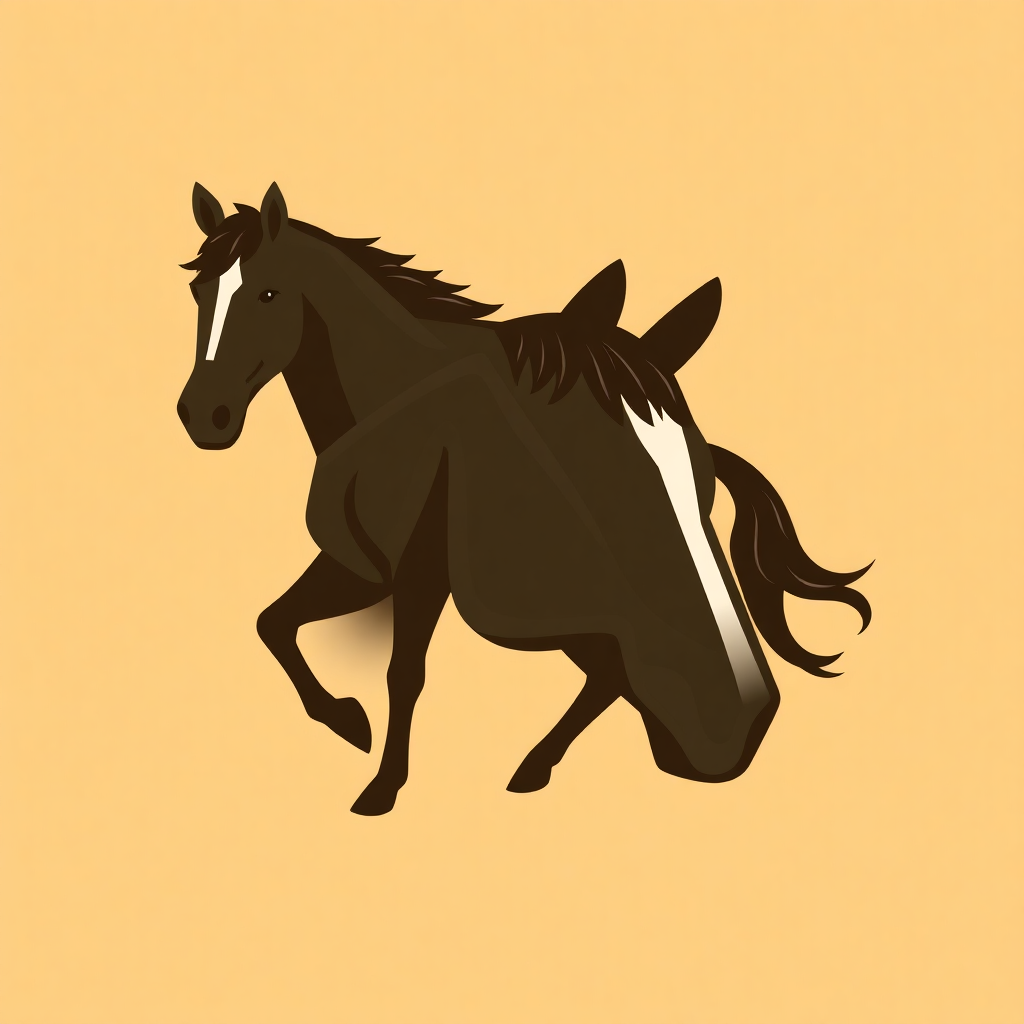 The image is a digital illustration of a black horse running on a light yellow background. The horse is in mid-stride, with its body slightly turned to the side and its head turned slightly to the left. Its mane and tail are flowing behind it, and its hooves are kicking up dust as it gallops. Its eyes are focused on something in the distance. The overall style of the illustration is simple and minimalistic.