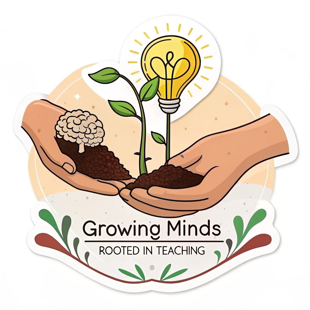 Cultivating Hands: A pair of caring hands gently holding soil from which a young sapling is growing. The sapling's main leaf or flower could be a bright lightbulb or a stylized brain. This represents the 'Growing Minds' aspect, with the hands and soil being 'Rooted in Teaching'.