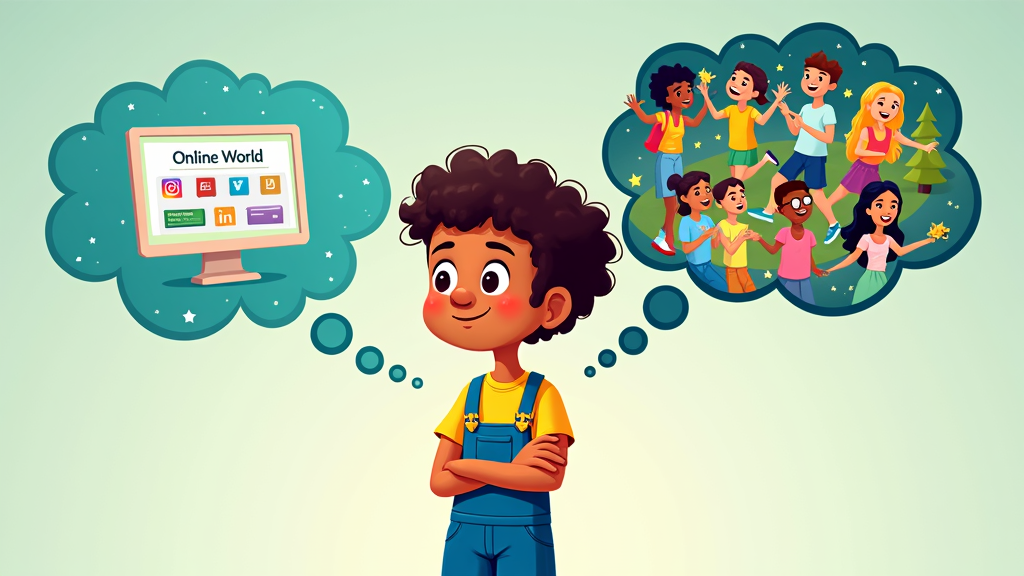 Contrasting Thought Bubbles: Show a minor with two distinct thought bubbles. The 'Online World' bubble visually represents social media as a more controlled environment, perhaps with simplified interfaces or a 'kid-safe' browser frame. The 'Real World' bubble is vibrant and filled with images of diverse offline activities like sports, arts and crafts, nature exploration, and face-to-face friendships.
