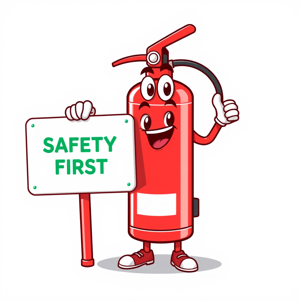 A cartoon-style fire extinguisher character, holding a 'Safety First' sign.