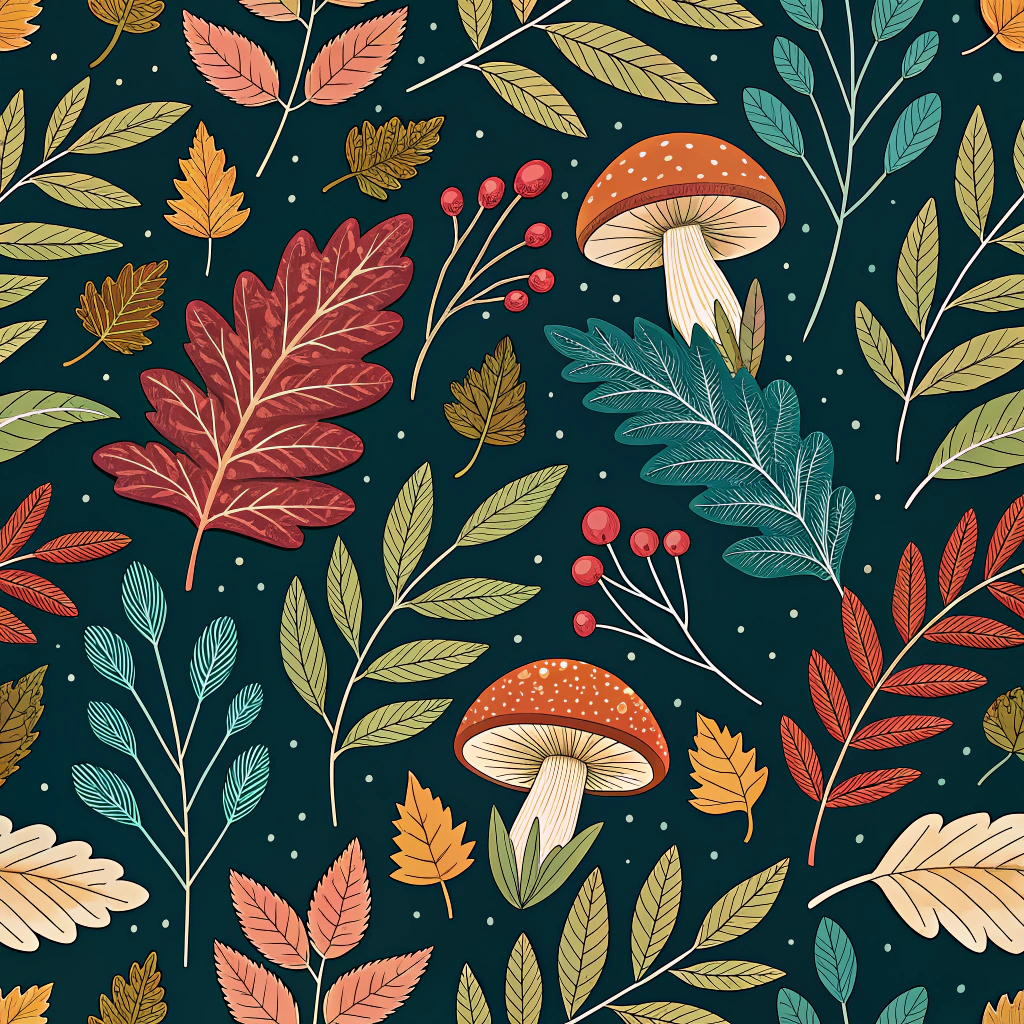 A vibrant pattern displaying various colorful leaves intertwined with mushrooms, creating a harmonious natural tapestry.