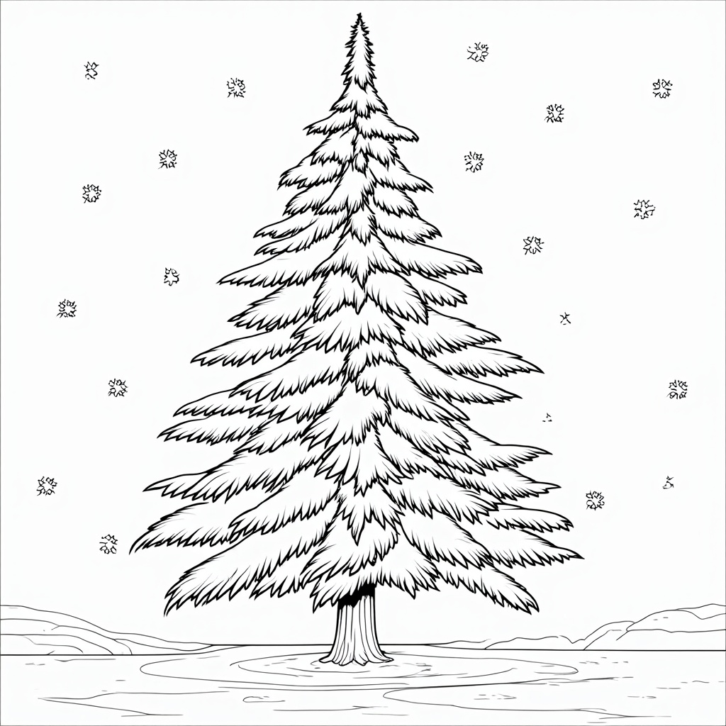 The image is a black and white line drawing of a Christmas tree. The tree is tall and slender with a pointed top and a conical trunk. It is covered in snowflakes, giving it a wintery appearance. The background is a plain white, making the tree stand out. There are also small snowflake-like designs scattered around the tree, adding to the wintery feel of the image. At the bottom of the page, there is a small body of water, possibly a lake or a river.