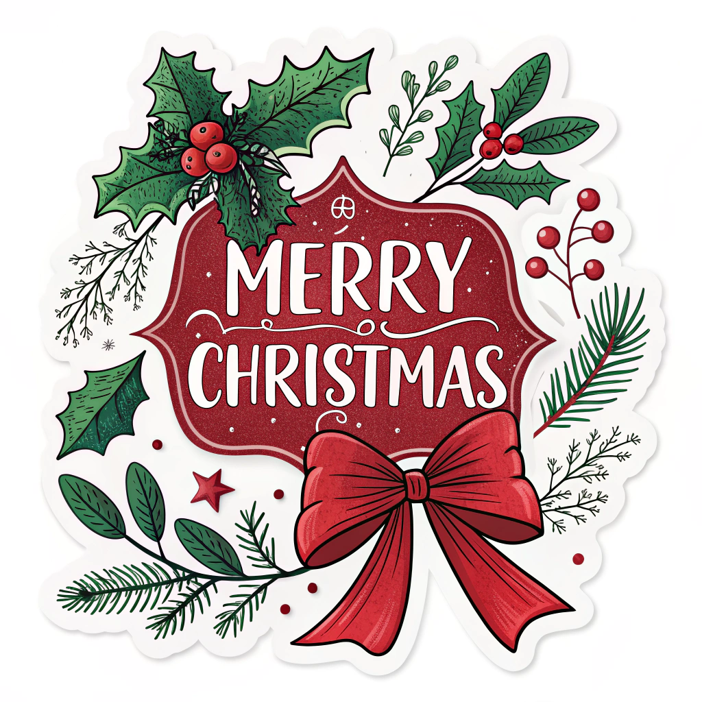 The image shows a merry christmas sticker with holly leaves and a red bow, set against a white background. The sticker features a festive design with the words 