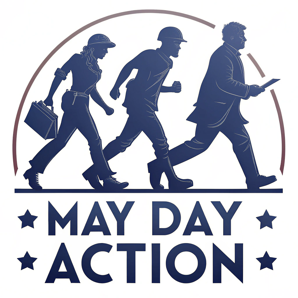 Simple logo idea: A minimalist logo featuring three to five abstract worker silhouettes in a forward stride, perhaps encircled by a clean line or accompanied by the text 'May Day Action' in a strong, sans-serif font.