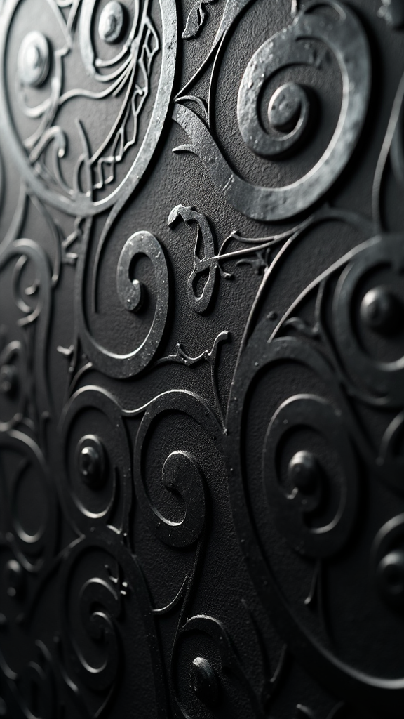 The image shows a close up of a black metal door with intricate designs on it. The door is made of metal and has a glossy finish, giving it a sleek and modern look. The designs on the door are intricate and detailed, with swirls and curves that create a unique pattern.