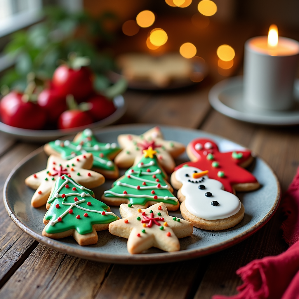  a plate of decorated Christmas cookies on a wooden table. The cookies are in the shape of Christmas trees, snowmen, and stars. The plate is blue and there is a small bowl of red apples on the left side of the table. On the right side, there are two lit candles in a white cup and saucer. The background is blurred, but it appears to be a kitchen or dining area with a window and a plant. The overall mood of the image is festive and cozy.