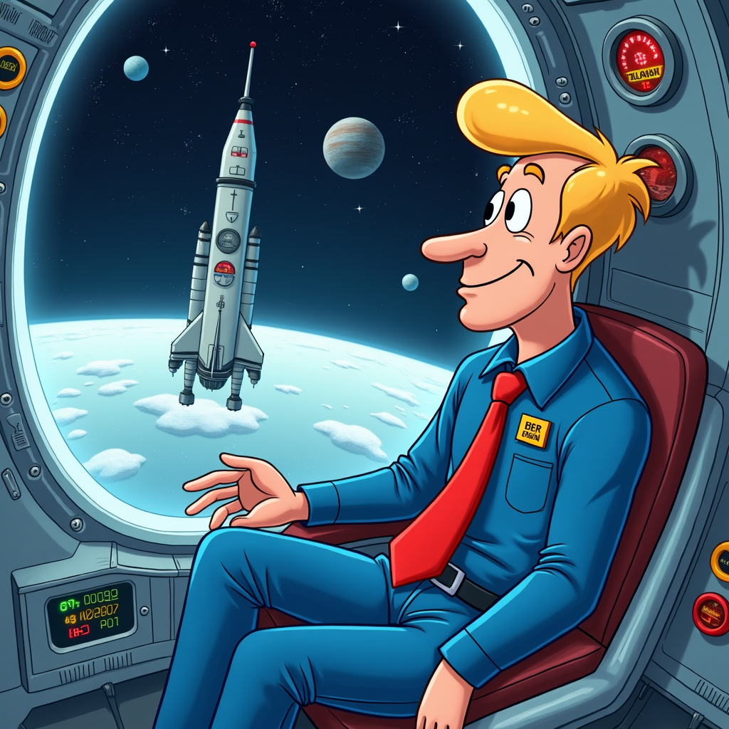 Whimsical cartoon rendering of Donald Trump in a space elevator built by Elon Musk, ascending to a lunar base as seen through transparent walls.