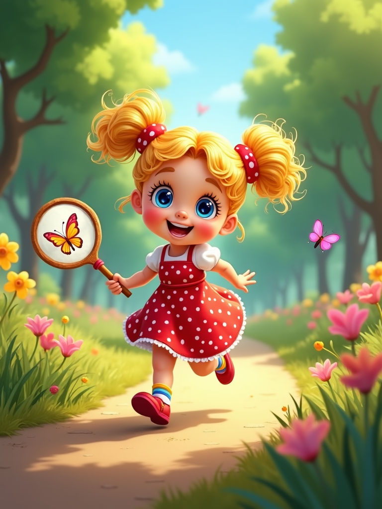 The image is a digital illustration of a cute little girl with blonde hair and blue eyes. She is wearing a red dress with white polka dots and red shoes. She has two red bows in her hair and is holding a magnifying glass with a butterfly on it. The girl is running on a path in a garden with pink and yellow flowers and trees in the background. The sky is blue and there are a few butterflies fluttering around. The overall mood of the image is cheerful and playful.