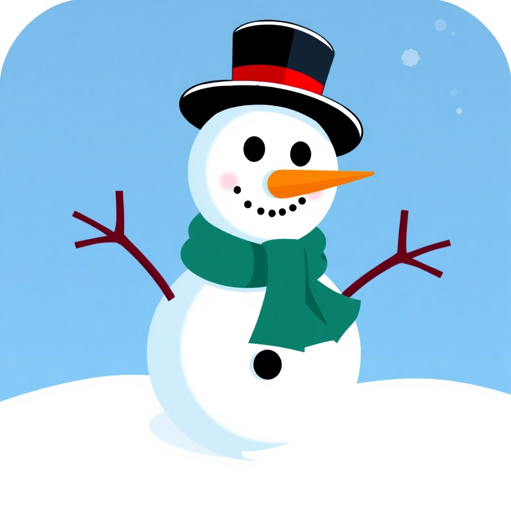 The image shows a snowman wearing a top hat and scarf, standing in the snow with a blue sky in the background.