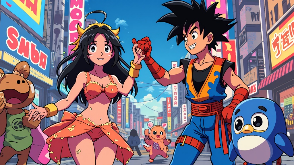 Pixelated Classics, Modern Flair: Illustrate beloved classic anime characters in a detailed, high-bit pixel art style, akin to modern indie game aesthetics. They could be interacting with pixelated versions of MomoCon mascots or recognizable convention scenes.