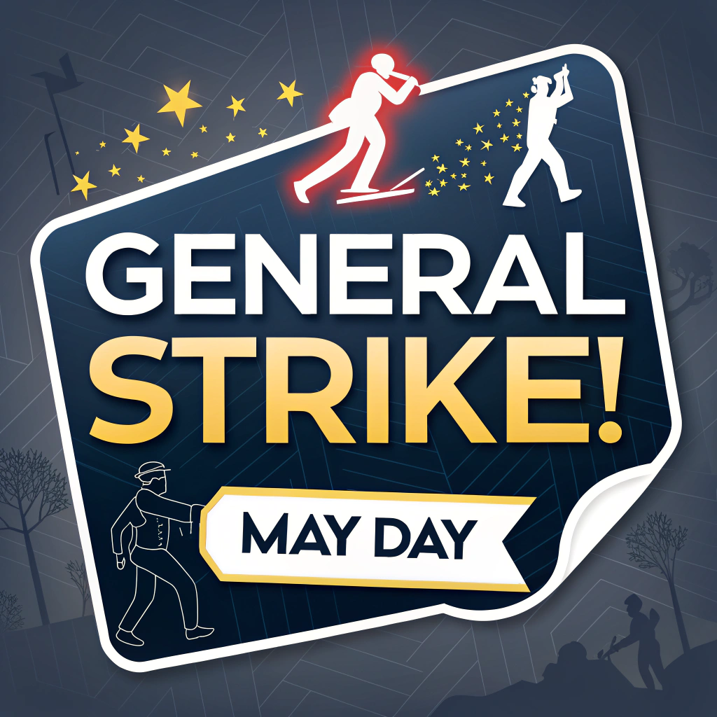 Modern Urgent Sticker: 'GENERAL STRIKE!' in a contemporary bold sans-serif, possibly with 'STRIKE!' italicized for urgency. Bright, attention-grabbing colors like fluorescent accents on a dark background. 'May Day' clearly readable, dynamic layout.