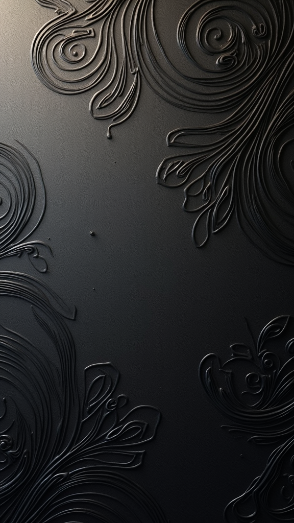 The image shows a black background with swirls and swirls on it, creating a unique and eye-catching design. The black color is a deep, rich hue that stands out against the background, making it the focal point of the image. The swirls are intricate and detailed, adding a touch of elegance and sophistication to the overall look.