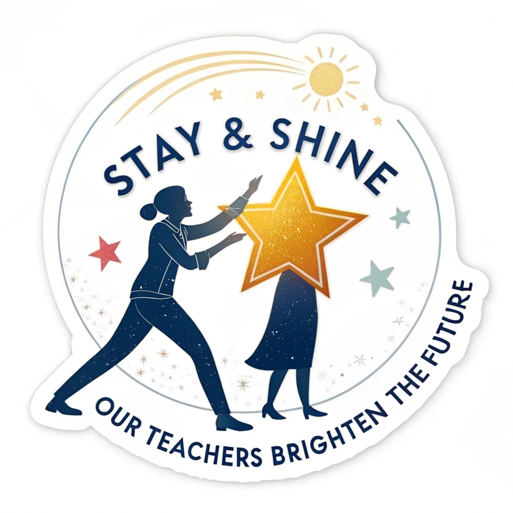 Guiding Star Teacher Sticker: A stylized teacher silhouette holding a large, brilliantly shining star. The slogan 'Stay & Shine: Our Teachers Brighten the Future' arches around or below. Emphasizes guidance and brilliance.
