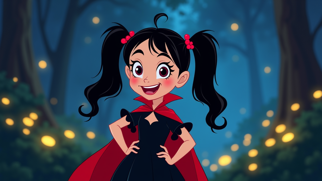 The image is a cartoon illustration of a young girl with long black hair styled in two pigtails with red bows on top. She is wearing a black dress with a red cape draped over her shoulders. She has a big smile on her face and is standing in a forest with trees and fairy lights in the background. The girl appears to be happy and confident.