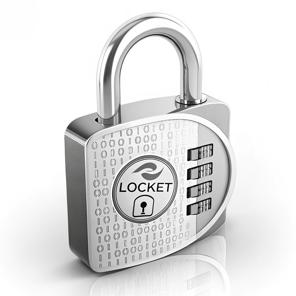 A sleek, modern padlock icon with binary code (0s and 1s) subtly integrated into its metallic surface, suggesting digital security.